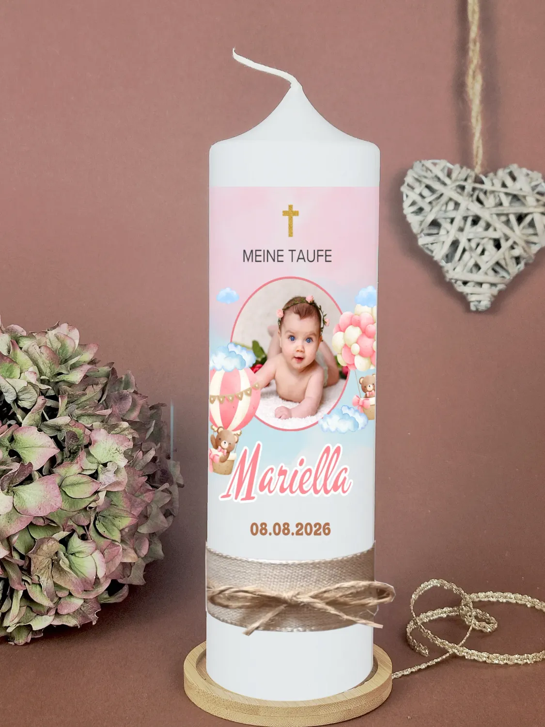 Personalisierte Taufkerze mit Foto Rosa – Moderne Fotokerze zur Taufe mit Name & Datum | Handmakecandle