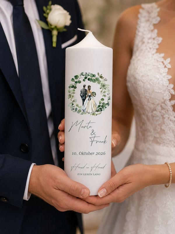 Hochzeitskerze - Eukalyptus Zweig, 25 x 7 cm / Personalisiet mit Namen, Hochzeitsdatum & Trauspruch / Traukerze Hochzeitskerze - Eukalyptus Zweig, 25 x 7 cm / Personalisiet mit Namen, Hochzeitsdatum & Trauspruch / Traukerze