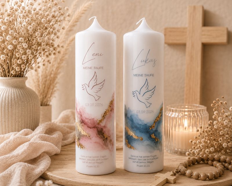Personalisierte Taufkerze mit Aquarell-Marmor-Design-mit Name, Datum & Taufspruch | Taufkerze Taube Personalisierte Taufkerze mit Aquarell-Marmor-Design-mit Name, Datum & Taufspruch | Taufkerze Taube