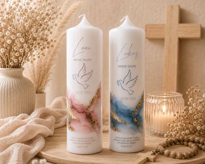 Personalisierte Taufkerze mit Aquarell-Marmor-Design-mit Name, Datum & Taufspruch | Taufkerze Taube Personalisierte Taufkerze mit Aquarell-Marmor-Design-mit Name, Datum & Taufspruch | Taufkerze Taube