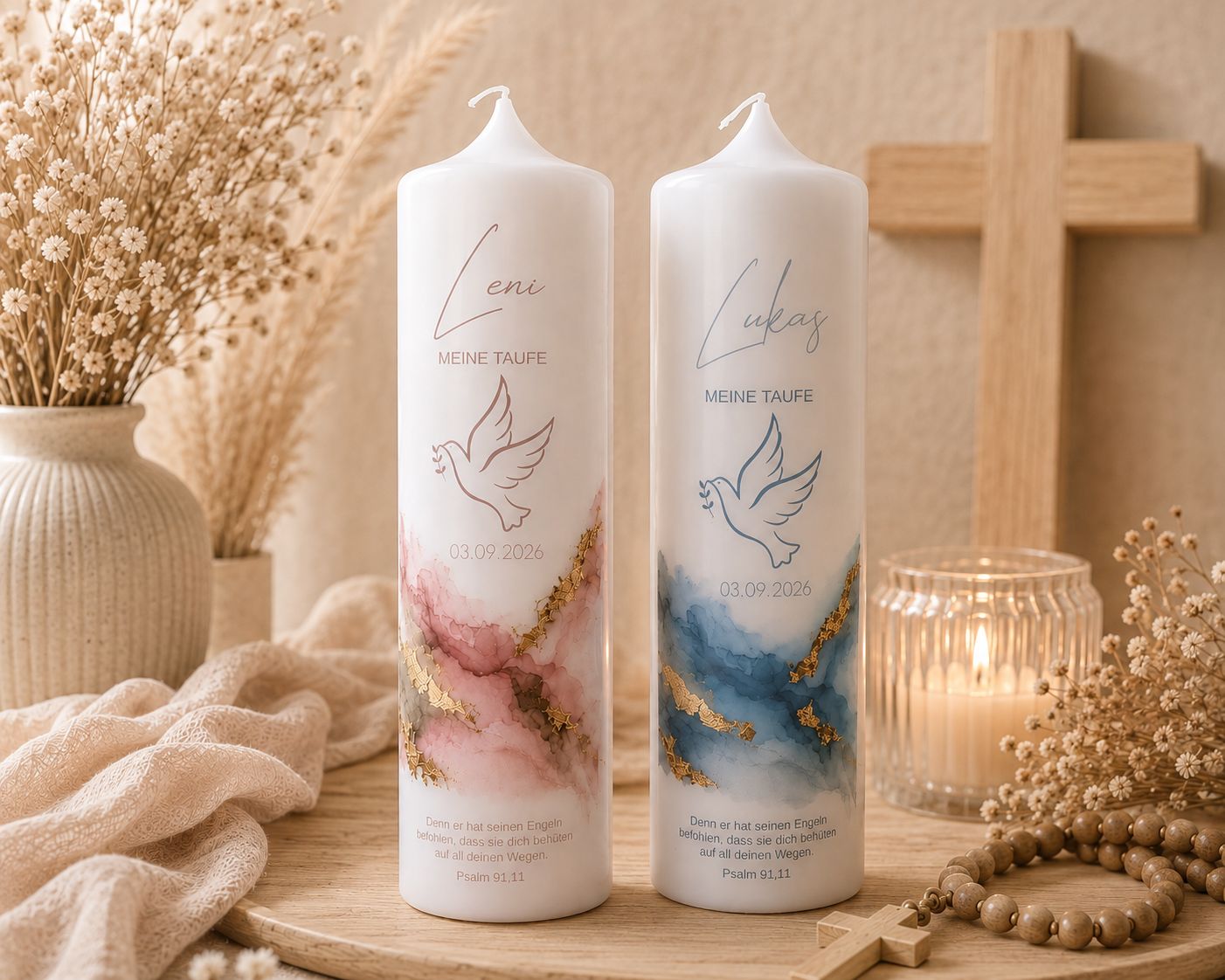Personalisierte Taufkerze mit Aquarell-Marmor-Design-mit Name, Datum & Taufspruch | Taufkerze Taube Personalisierte Taufkerze mit Aquarell-Marmor-Design-mit Name, Datum & Taufspruch | Taufkerze Taube