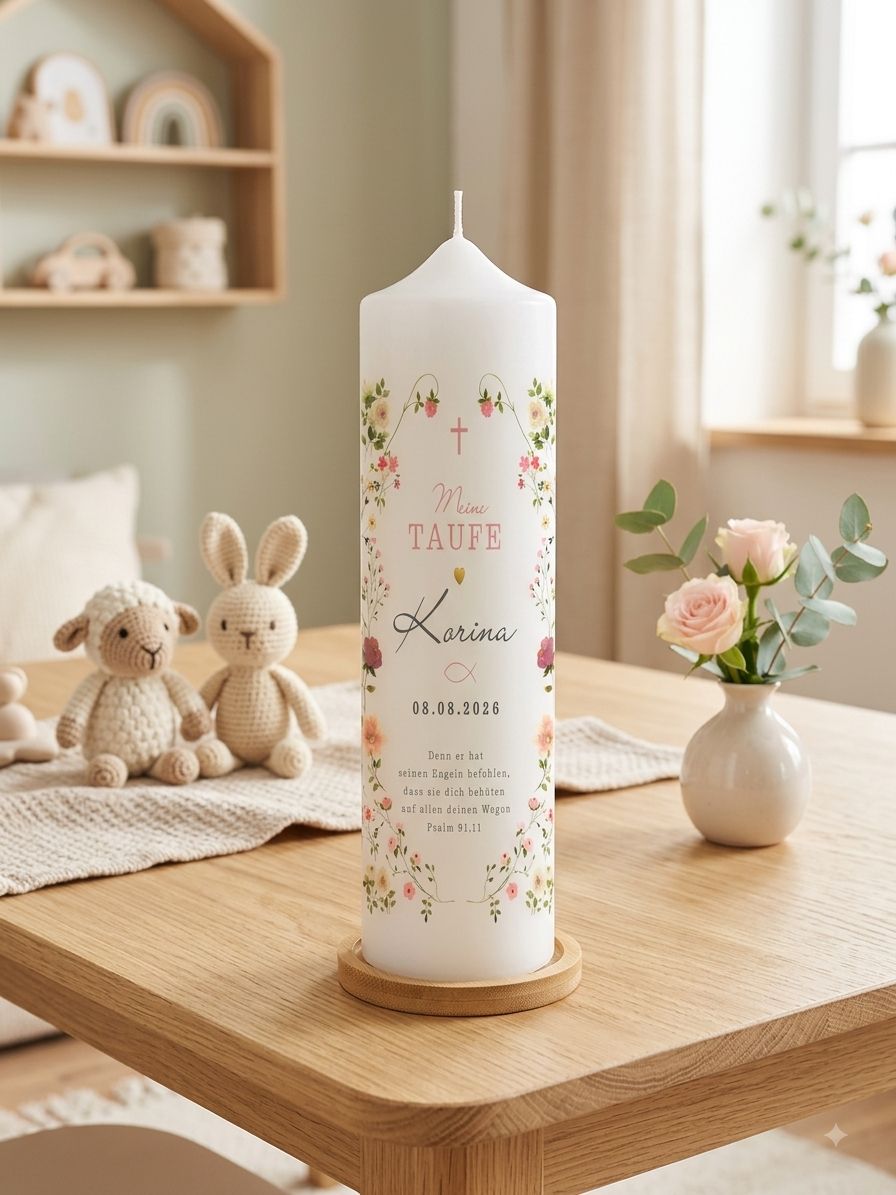 Personalisierte Taufkerze mit Blumen – Moderne Taufkerze mit Name, Datum & Taufspruch Personalisierte Taufkerze mit Blumen – Moderne Taufkerze mit Name, Datum & Taufspruch