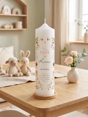 Personalisierte Taufkerze mit Blumen – Moderne Taufkerze mit Name, Datum & Taufspruch Personalisierte Taufkerze mit Blumen – Moderne Taufkerze mit Name, Datum & Taufspruch