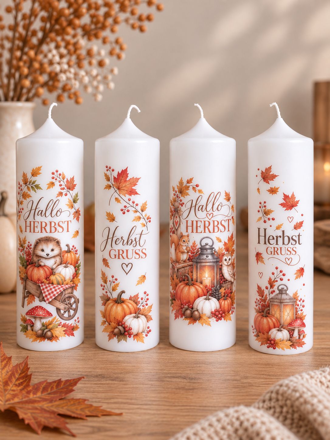 Herbstkerze mit liebevollem Herbstmotiv – Dekokerze mit Kürbis & Herbstblättern, Igel oder Waldtiere Herbstkerze mit liebevollem Herbstmotiv – Dekokerze mit Kürbis & Herbstblättern, Igel oder Waldtiere