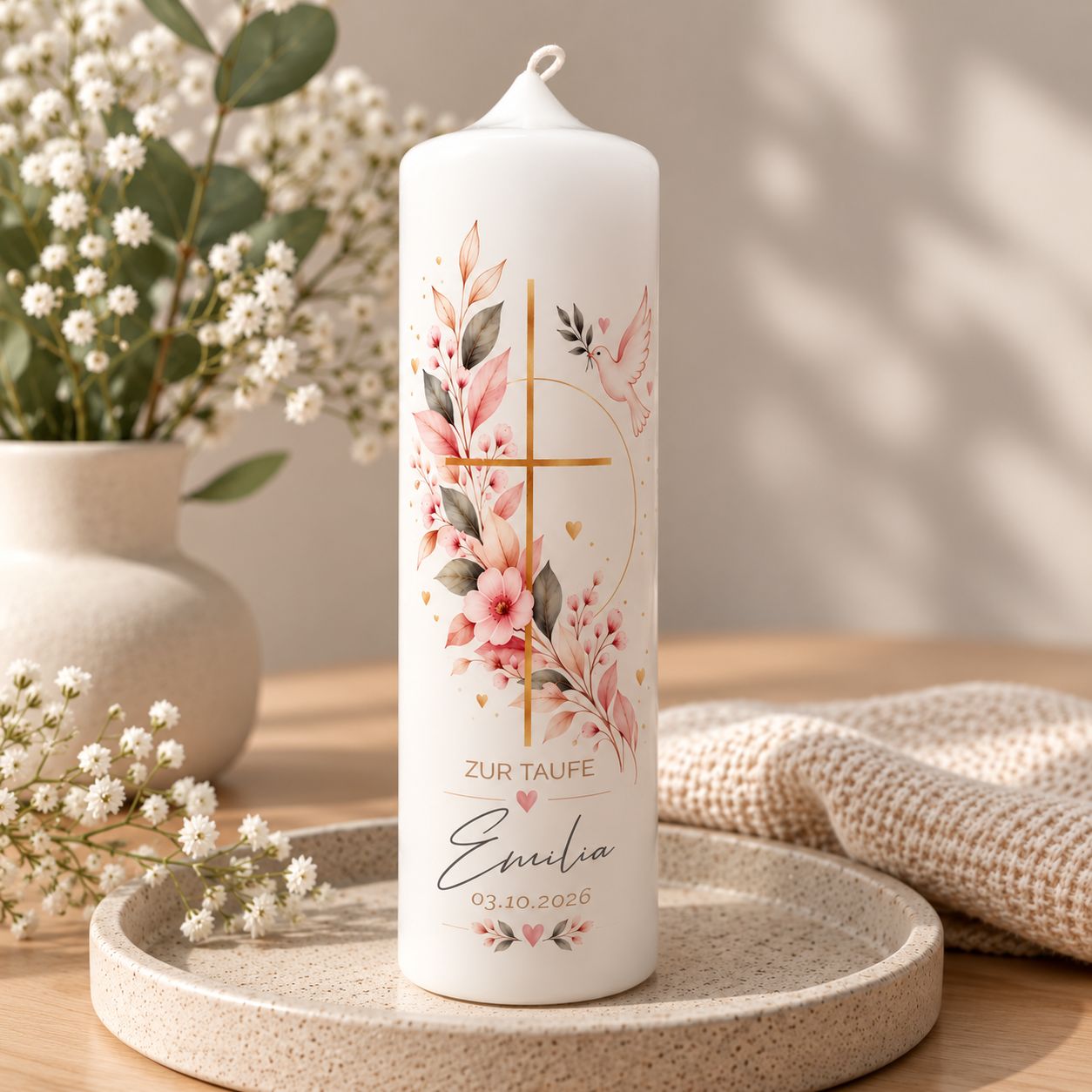 Personalisierte Taufkerze mit Name & Taufdatum – Taufkerze Mädchen mit Kreuz, Taube & Blumen – verschiedene Größen Personalisierte Taufkerze mit Name & Taufdatum – Taufkerze Mädchen mit Kreuz, Taube & Blumen – verschiedene Größen