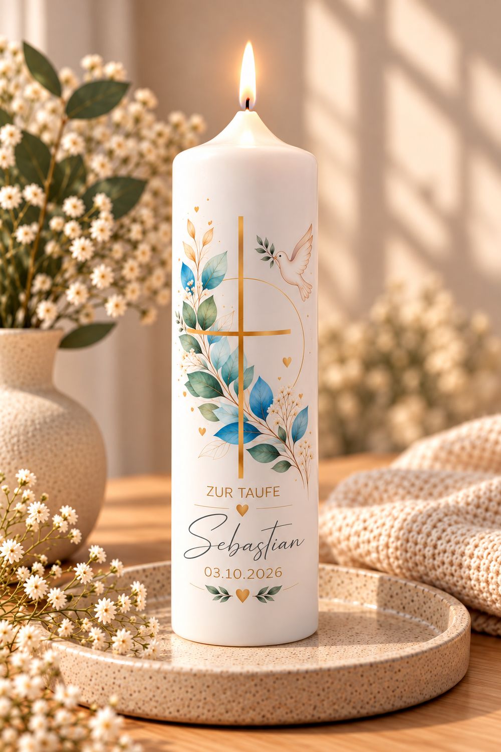 Personalisierte Taufkerze mit Name & Taufdatum – Taufkerze Junge mit Kreuz, Taube & Blumen – verschiedene Größen Personalisierte Taufkerze mit Name & Taufdatum – Taufkerze Junge mit Kreuz, Taube & Blumen – verschiedene Größen