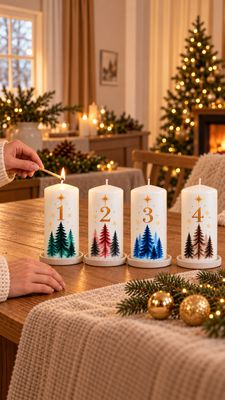 Handgefertigtes Adventskerzenset mit Waldmotiven – 4 weiße Kerzen Handgefertigtes Adventskerzenset mit Waldmotiven – 4 weiße Kerzen