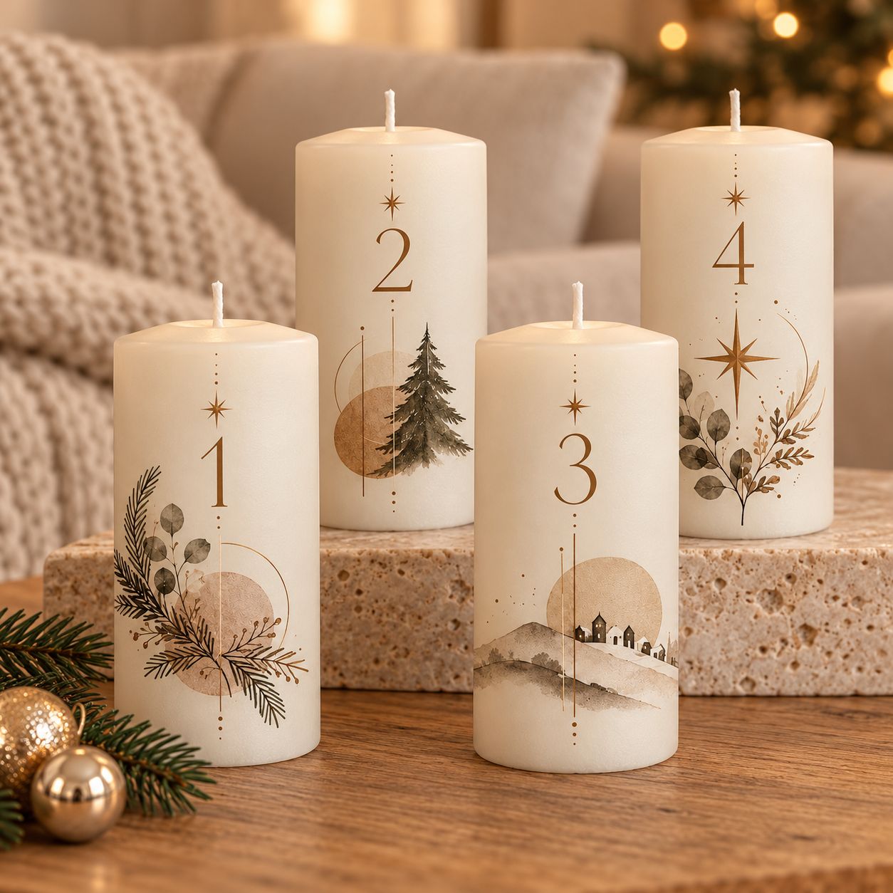 Handgefertigtes Adventskerzenset Handgefertigtes Adventskerzenset "Winterpoesie" – 4 weiße Kerzen