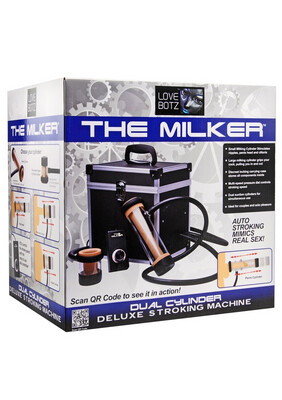 The Milker sex machine
Includes machine, 2 hoses, 3 hose attachments, 2 masturbators, remote control, ACDC transformer, American power cord and instructions