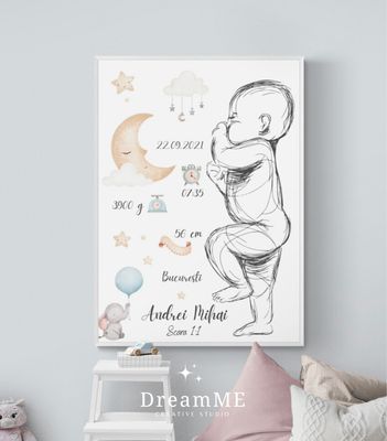 Tablou personalizat cu bebelușul tău în mărime naturală 1:1 Model Blue Dreams 
