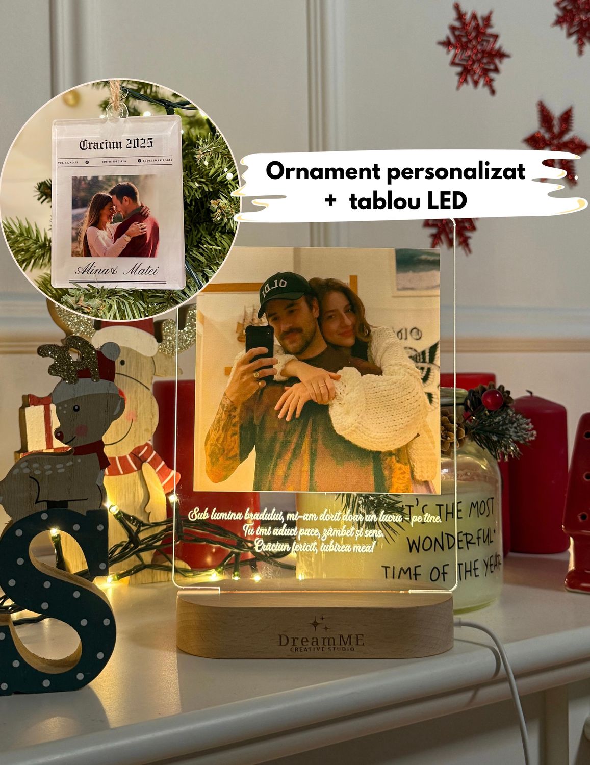 Set cadou cuplu – Tablou LED personalizat + ornament acrilic de Crăciun ❤️