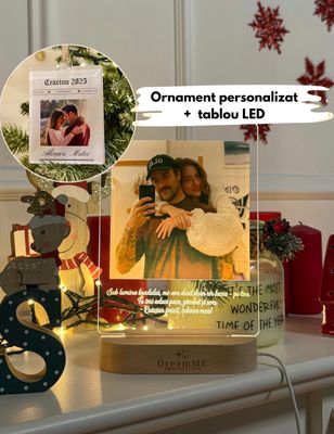 Set cadou cuplu – Tablou LED personalizat + ornament acrilic de Crăciun ❤️
