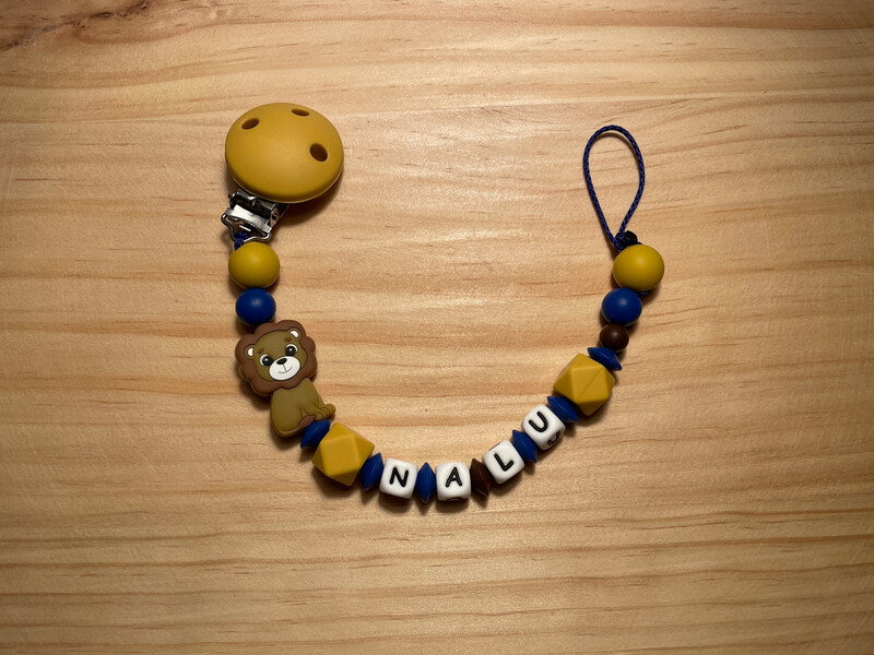 Nuggikette Silikon Löwe senfgelb/blau