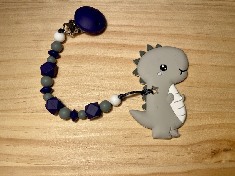 Beisskette Silikon Dino dunkelblau/grau