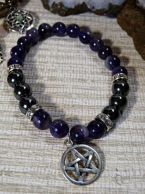 Bracelet Améthyste, hématite et pentacle