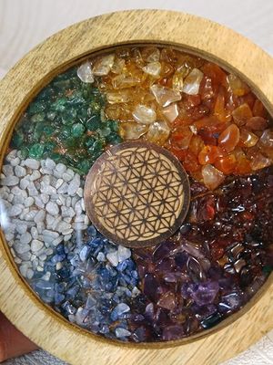 Sous verres agrémentés des pierres des chakras et fleur de vie Sous verres agrémentés des pierres des chakras et fleur de vie