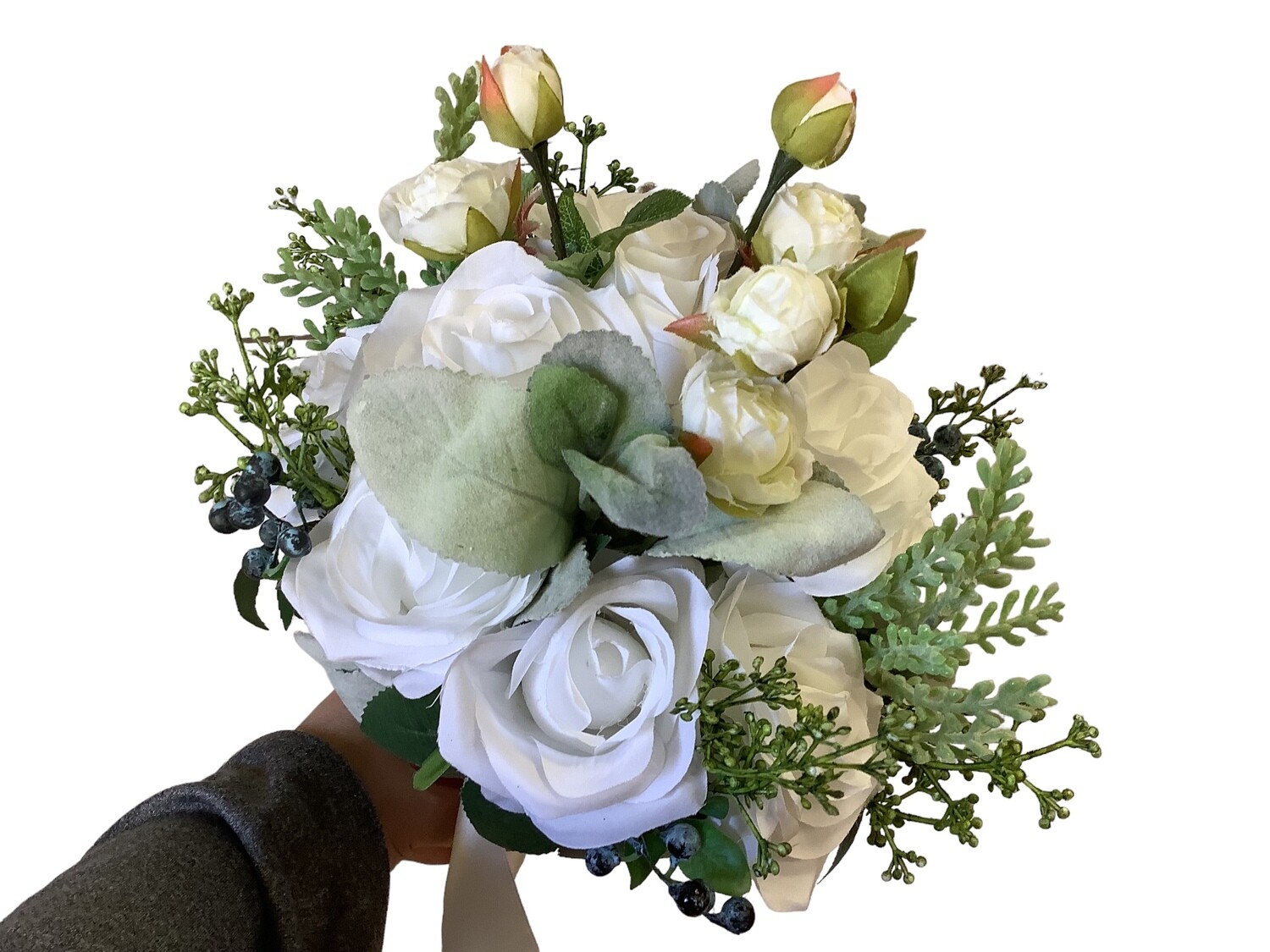 Assorted white flower clutch bouquet with blueberries