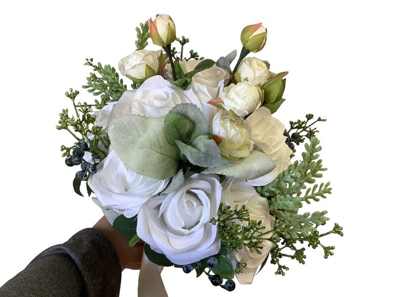 Assorted white flower clutch bouquet with blueberries