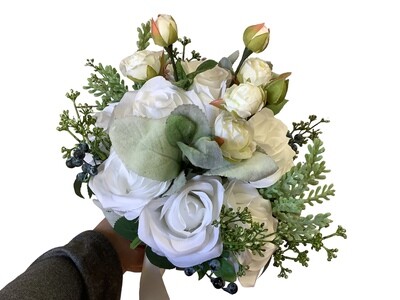 Assorted white flower clutch bouquet with blueberries