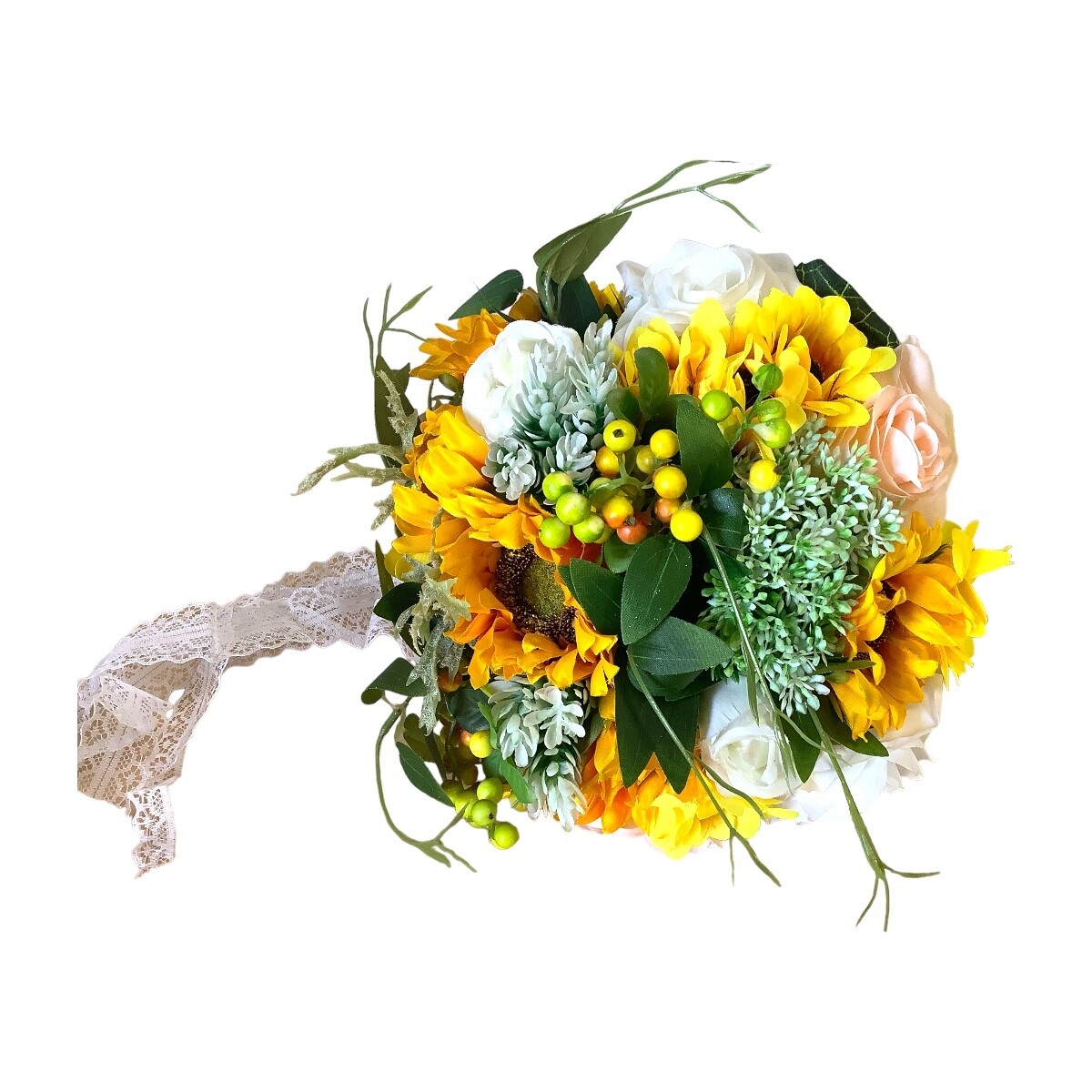 Sunflower, white &amp; peach rose, berries, texture bridal bouquet