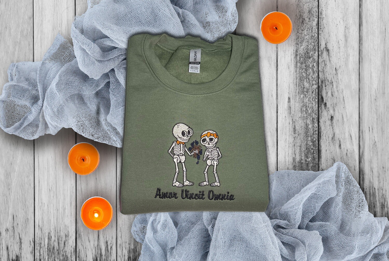 Amor Vincit Omnia Skeletons, Latin for Love Conquers All, Embroidered Halloween Sweatshirt, Unisex