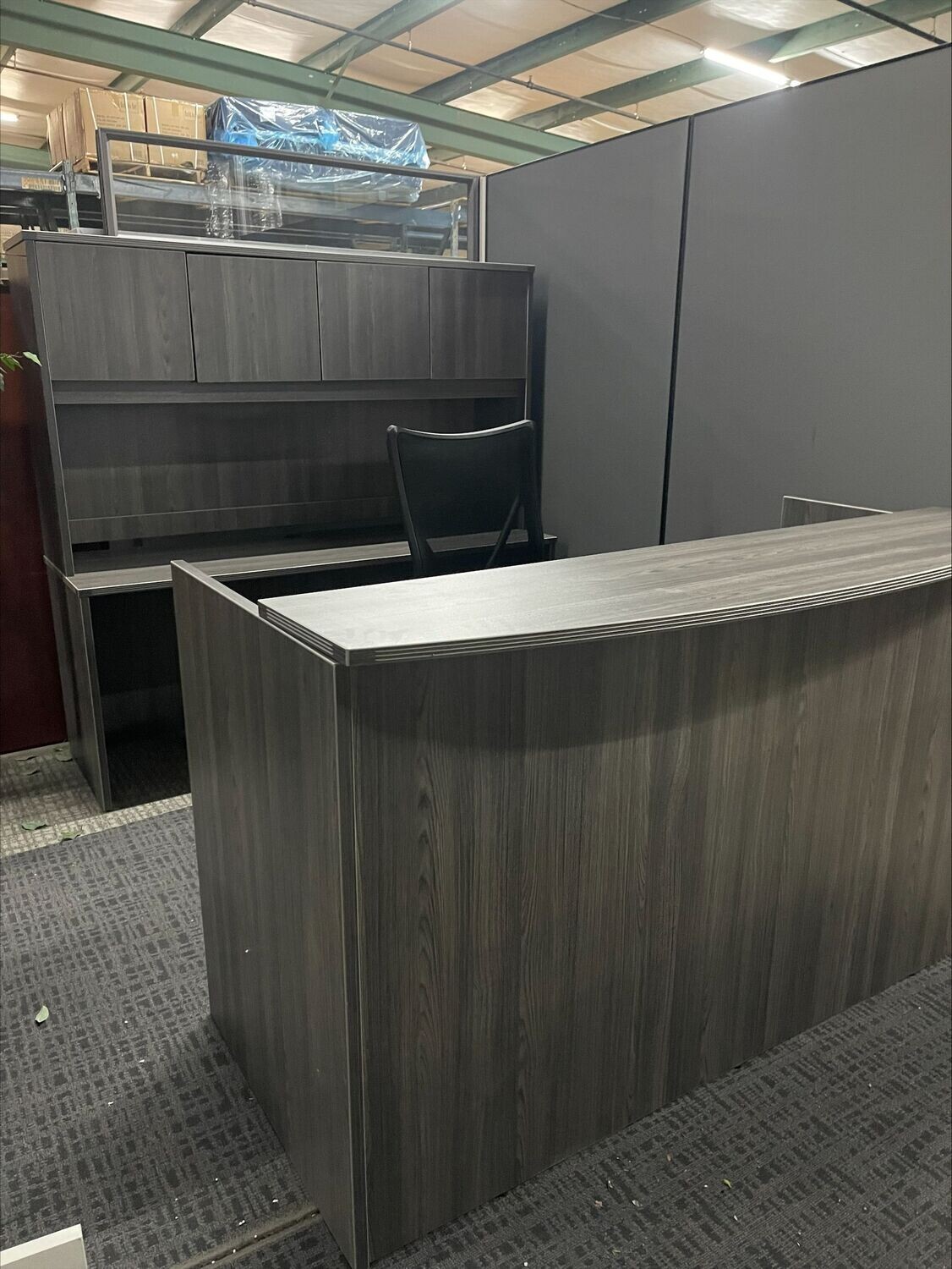 Gray Reception Desk with matching credenza/hutch