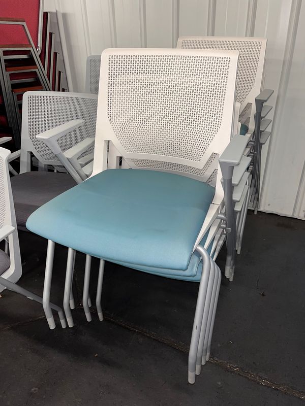 Poly Back Stack Chairs w Light Blue Fabric Seats
