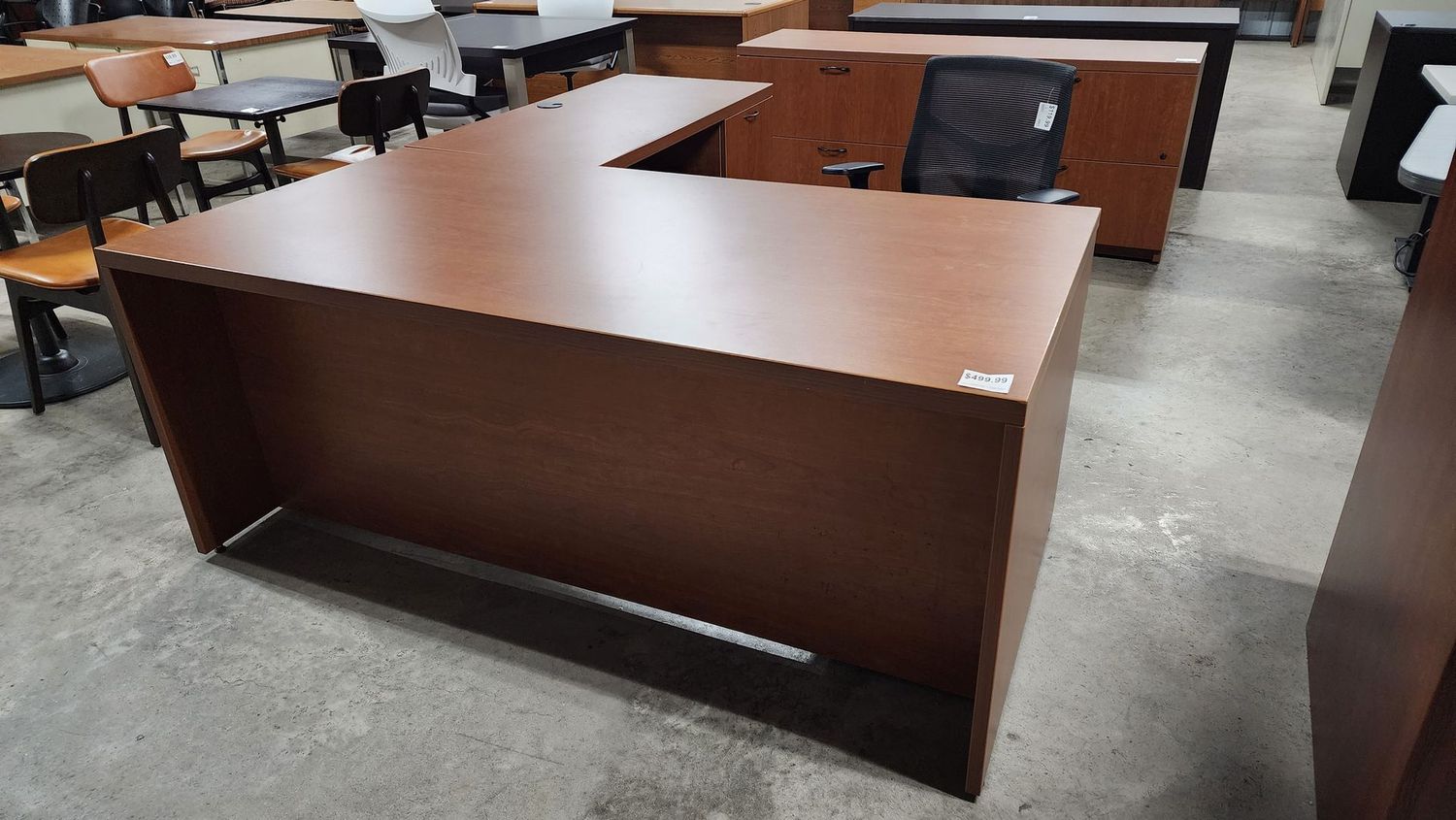 Walnut Laminate Right L-Desk w/ Matching Credenza
