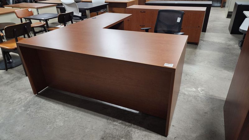 Walnut Laminate Right L-Desk w/ Matching Credenza