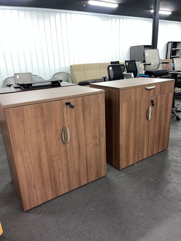 36" High Walnut Storage Cabinets *Only the One w/ Drawer is Available