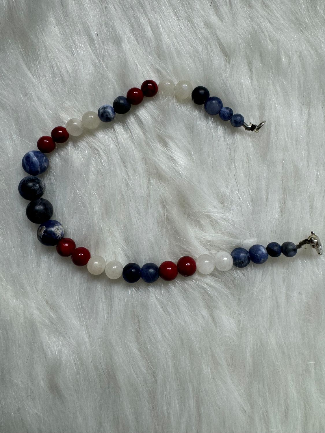 Red, White &amp; Blue Gemstone Anklet – Sodalite, Quartz &amp; Red Jade