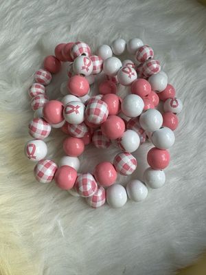 Cancer Awareness Wooden Beaded Bracelet – Pink Gingham &amp; Ribbon Design (Sold Separately)