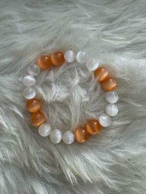 Orange &amp; White Cat’s Eye Bracelet – Intuition, Confidence &amp; Energy Alignment | Crystal Stretch Bracelet