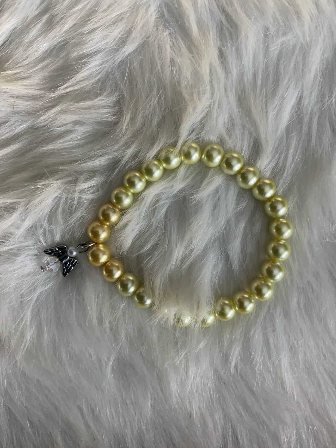 “Remember Me” Bracelet – Blue, Yellow, And Lime Green, Pearl Beads with Angel Charm