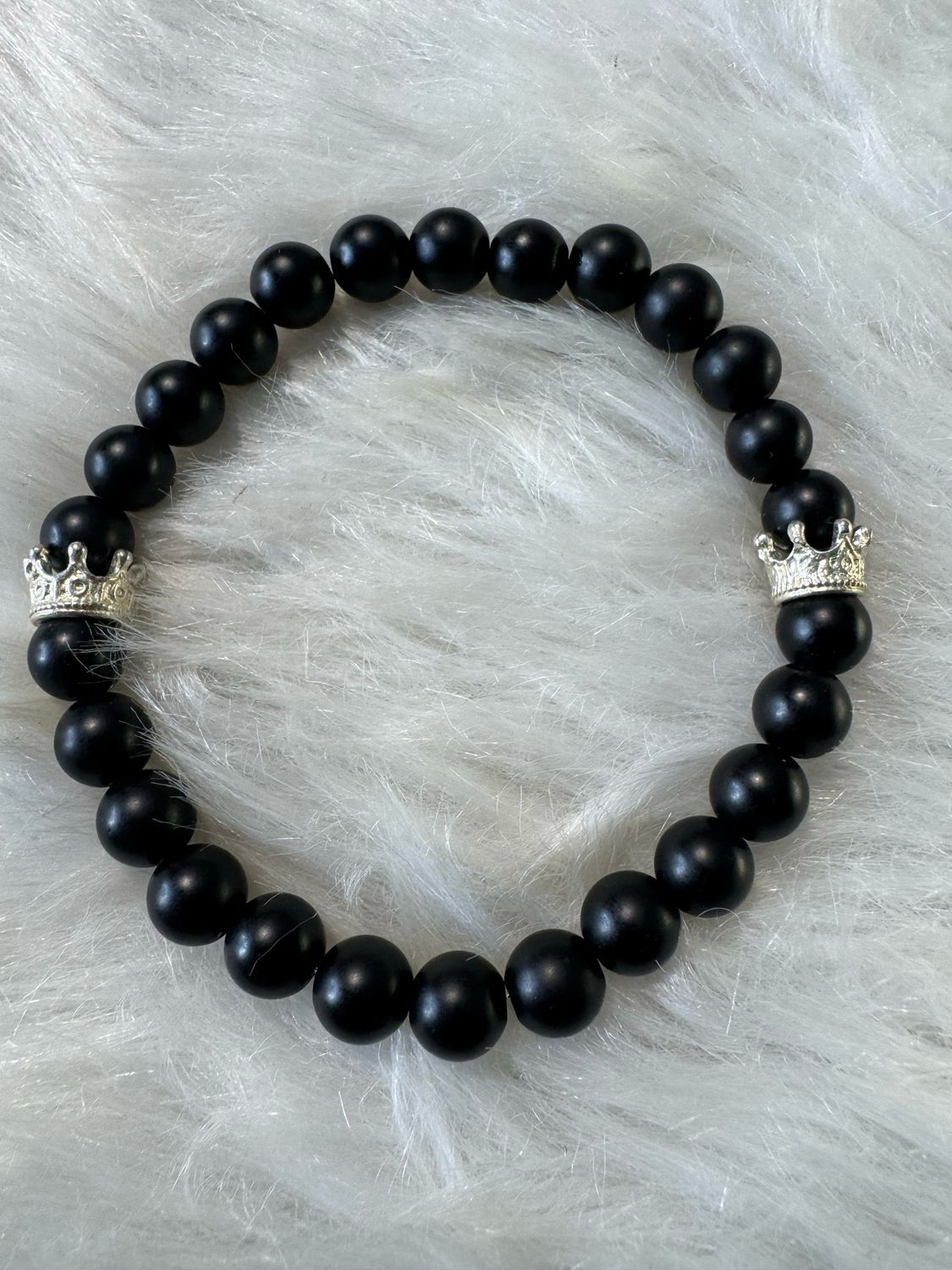 Royalty Collection – Silver Reign Bracelet (Matte Black Onyx &amp; Silver Crown Accents)