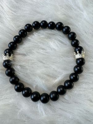 Royalty Collection – Silver Reign Bracelet (Matte Black Onyx &amp; Silver Crown Accents)