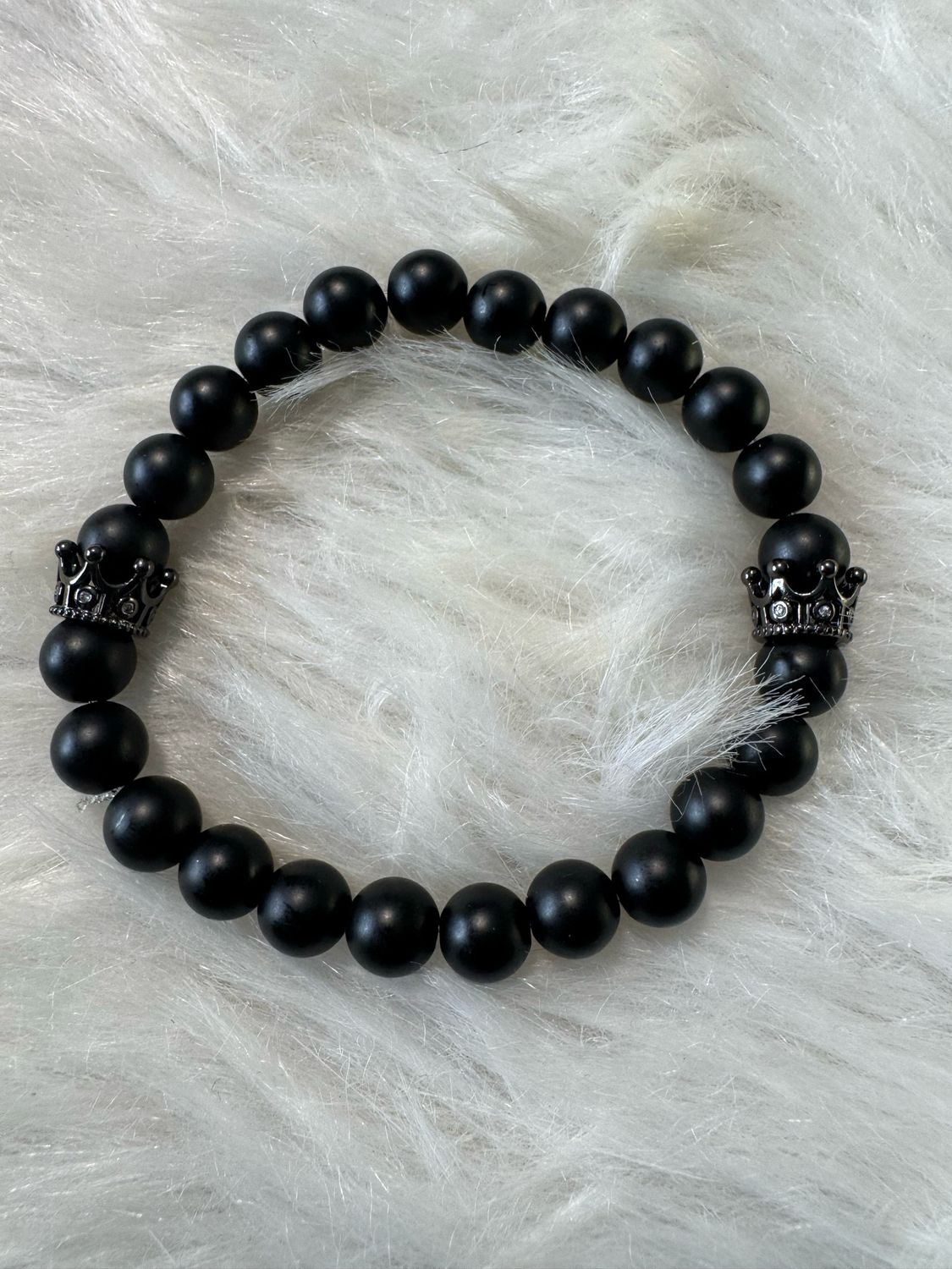 Royalty Collection – Shadow Monarch Bracelet (Matte Black Onyx &amp; Gunmetal Crowns)