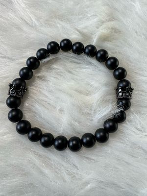 Royalty Collection – Shadow Monarch Bracelet (Matte Black Onyx &amp; Gunmetal Crowns)