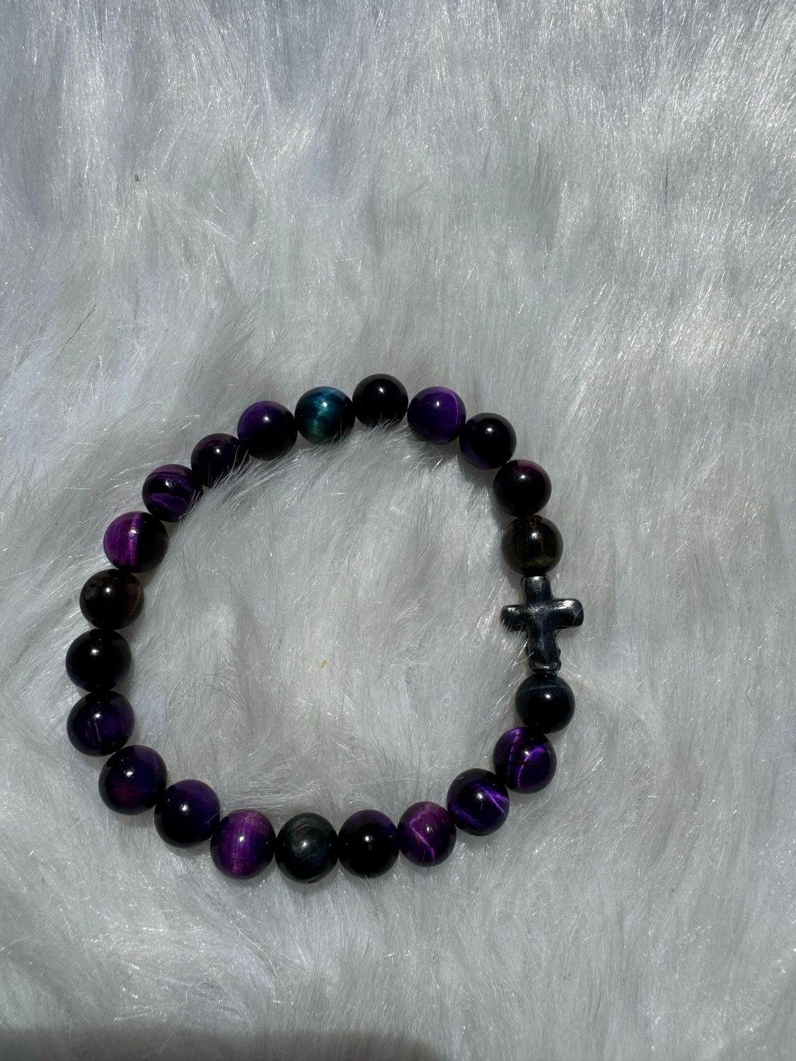 💜 “God Got Us” Bracelet – Purple Tiger Eye with Cross Accent