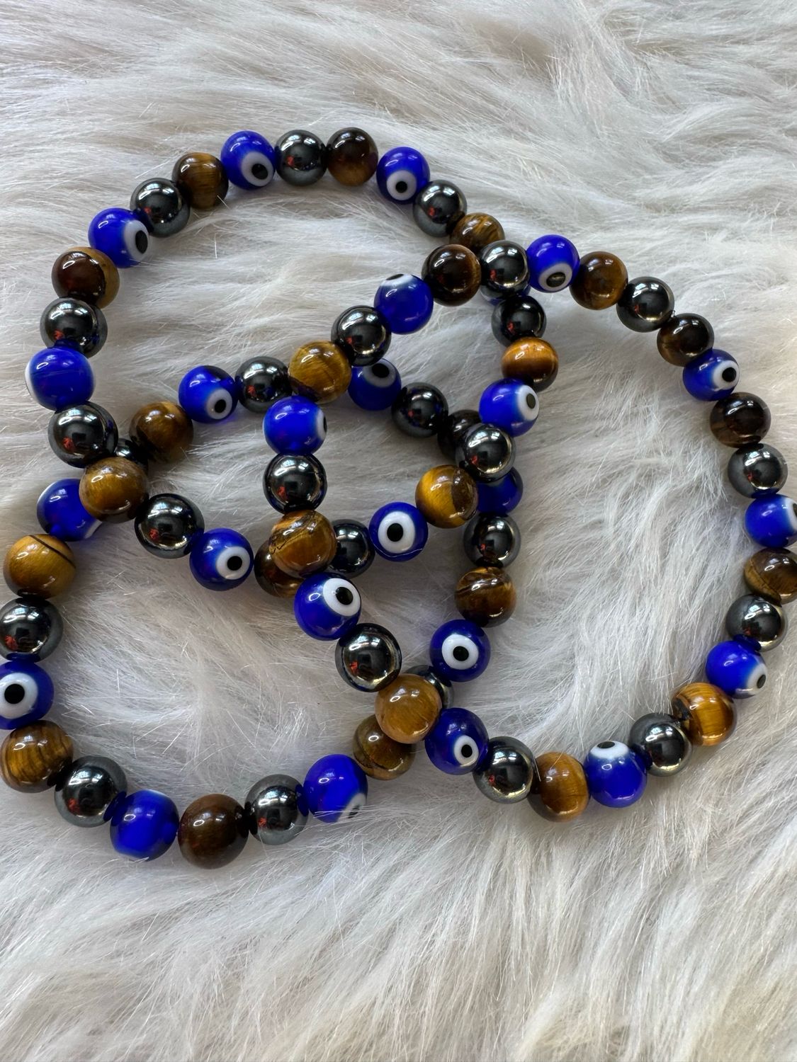 Triple Protection Evil Eye Bracelet – Hematite, Tiger Eye &amp; Blue Evil Eye Beads
