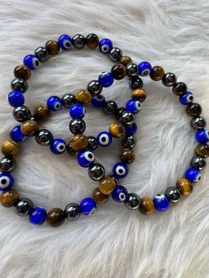 Triple Protection Evil Eye Bracelet – Hematite, Tiger Eye &amp; Blue Evil Eye Beads