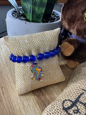 Blue Beaded Autism Awareness Bracelet with Elephant Puzzle Charm