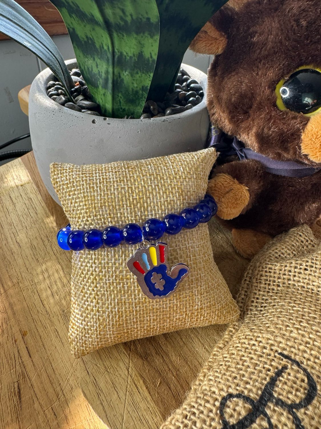 Blue Autism Support Bracelet with Puzzle Hand Charm