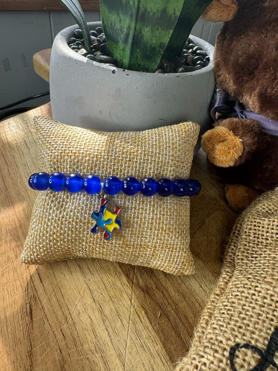 Blue Beaded Autism Bracelet with Dangling Puzzle Piece Charm