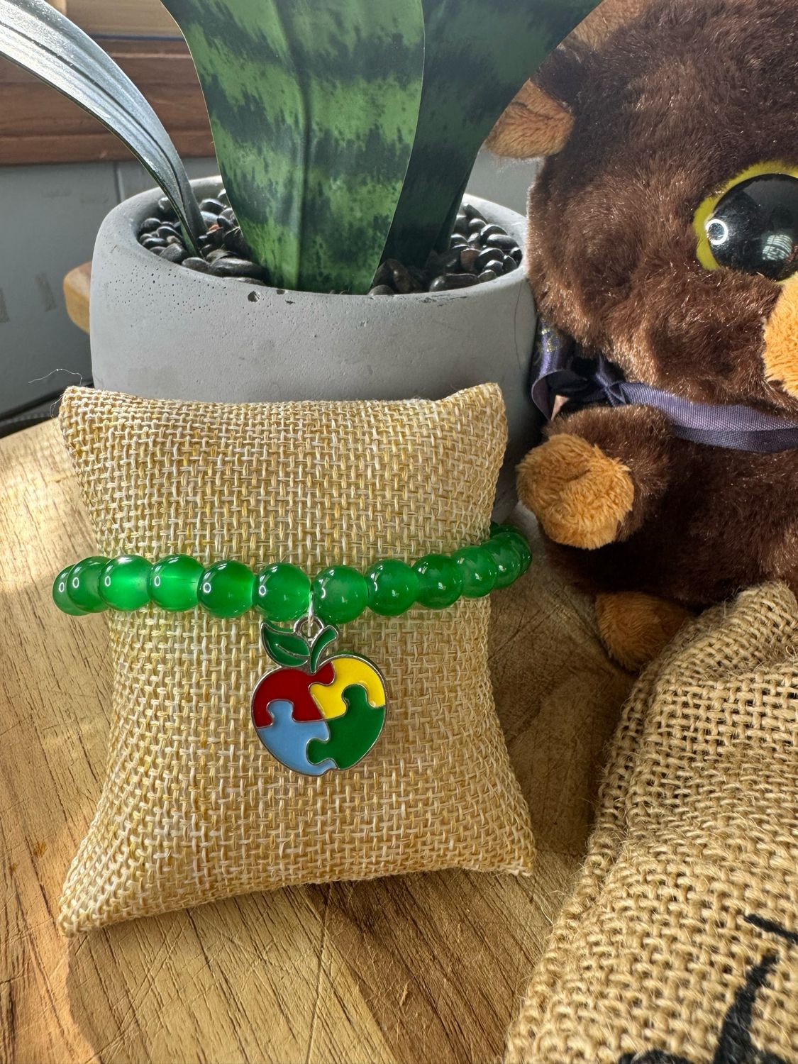 Green Beaded Autism Bracelet with Puzzle Apple Charm