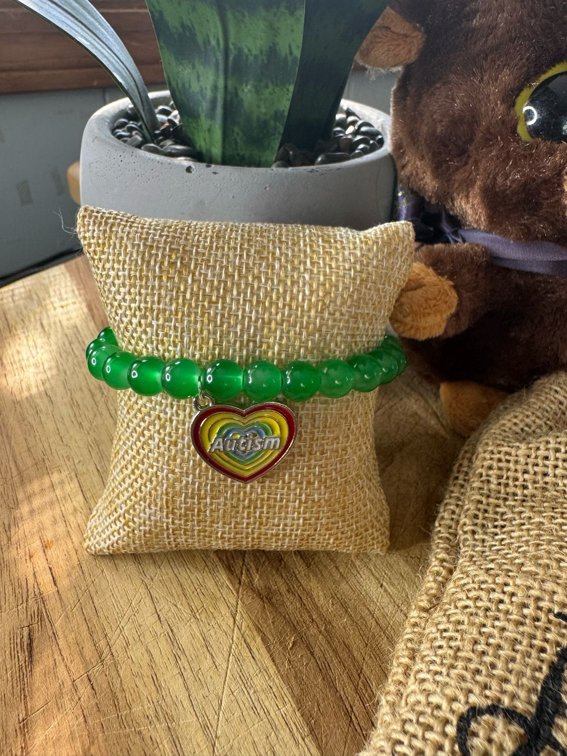 Green Autism Awareness Bracelet with Rainbow Heart Charm