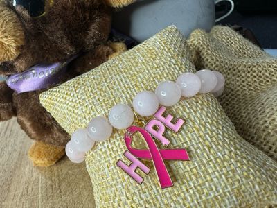 💖 Pink HOPE Awareness Bracelet – Rose Quartz + Breast Cancer Symbol