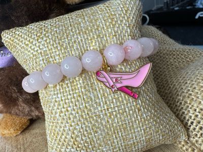 Rose Quartz Bracelet with Shoe &amp; Ribbon Charm – Breast Cancer Awareness | Faith Over Fear