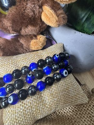 Triple Protection Evil Eye Bracelet – Hematite, Black Obsidian &amp; Blue Glass Beads