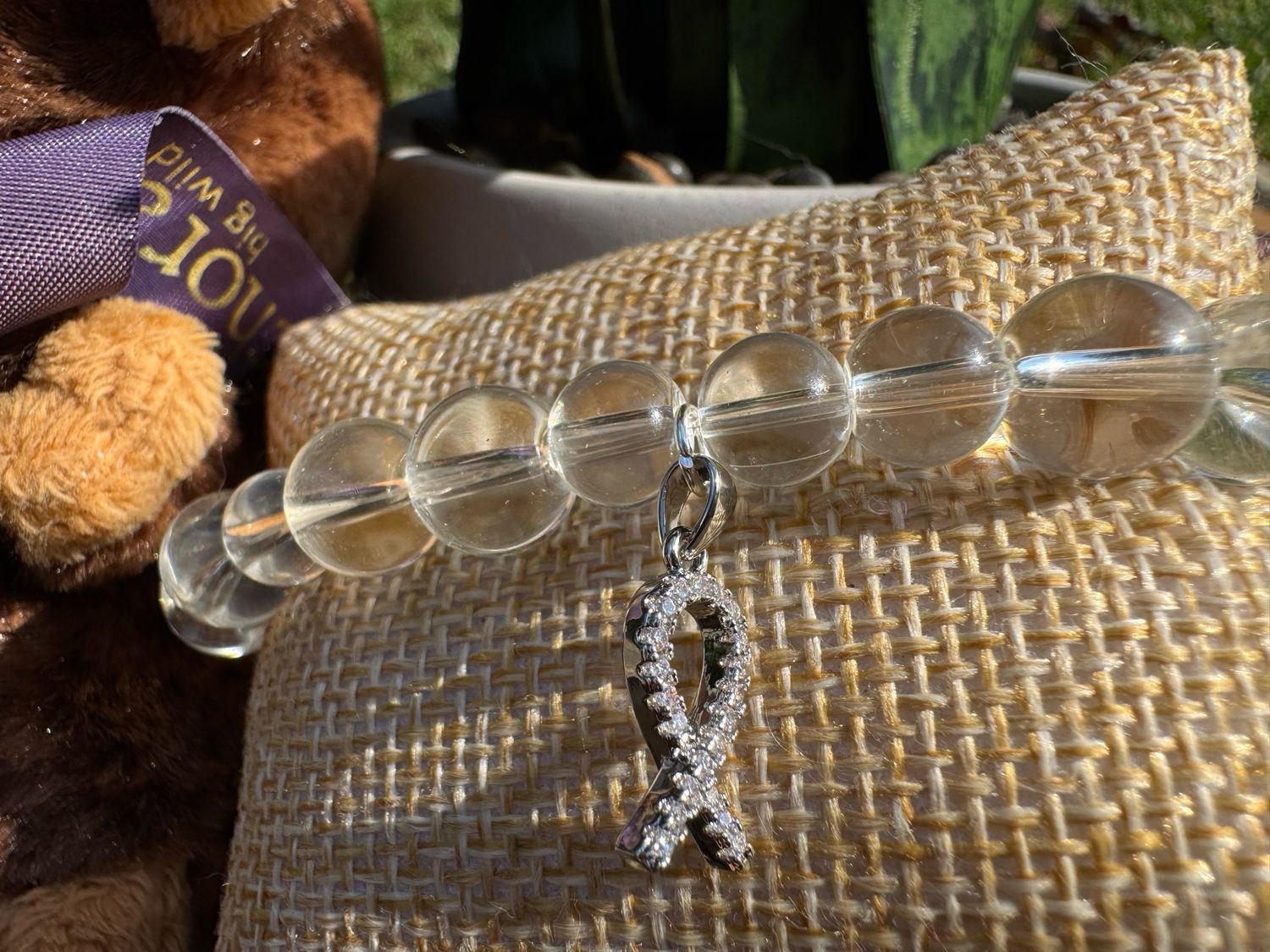 Clear Quartz Awareness Bracelet with Crystal Ribbon Charm